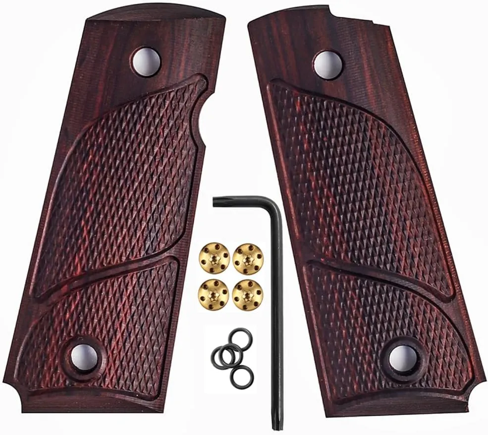Cool Hand 1911 Rosewood Grips, Compact/Officer/Kimber Ultra Carry ii, Gold Pistol Screws Included, Checker Diamond Cut, Ambi Safety Cut, 1/4" Thin