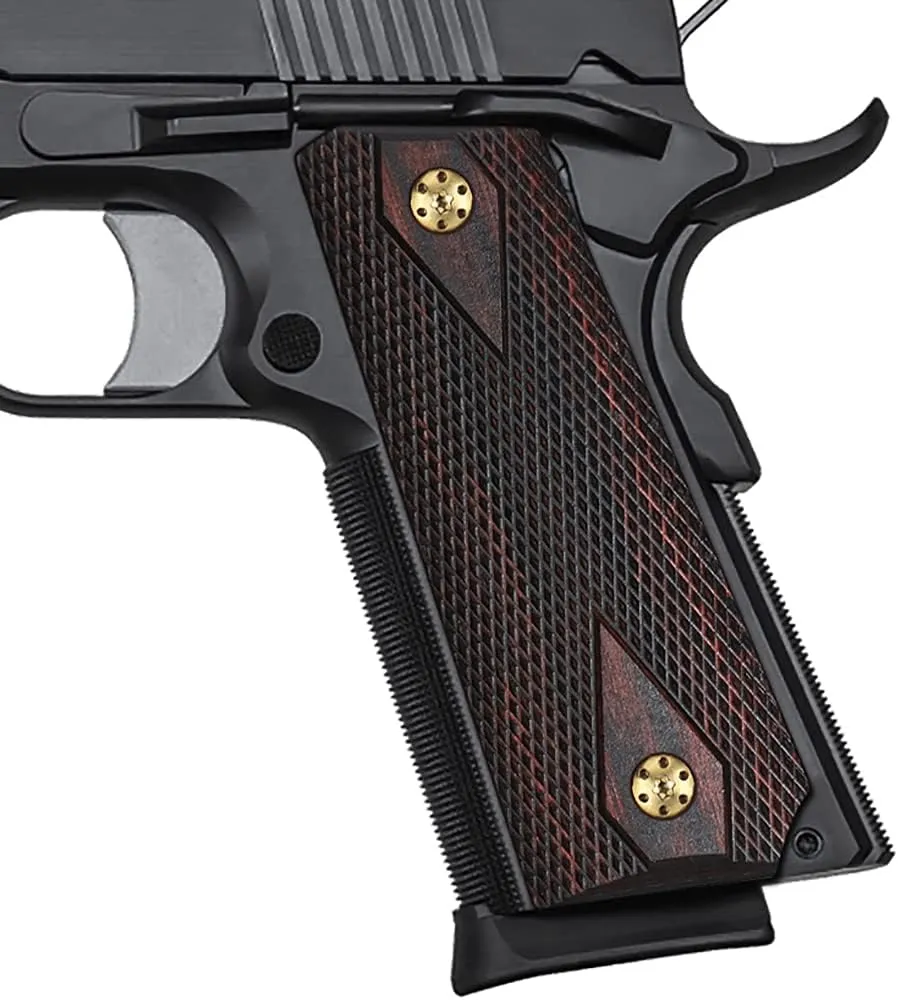 Cool Hand 1911 Rosewood Slim Grips, Gold Screws Included, Full Size(Government/Commander), Checker Diamond Cut, Ambi Safety Cut, These Grips Only Work with Short Bushings