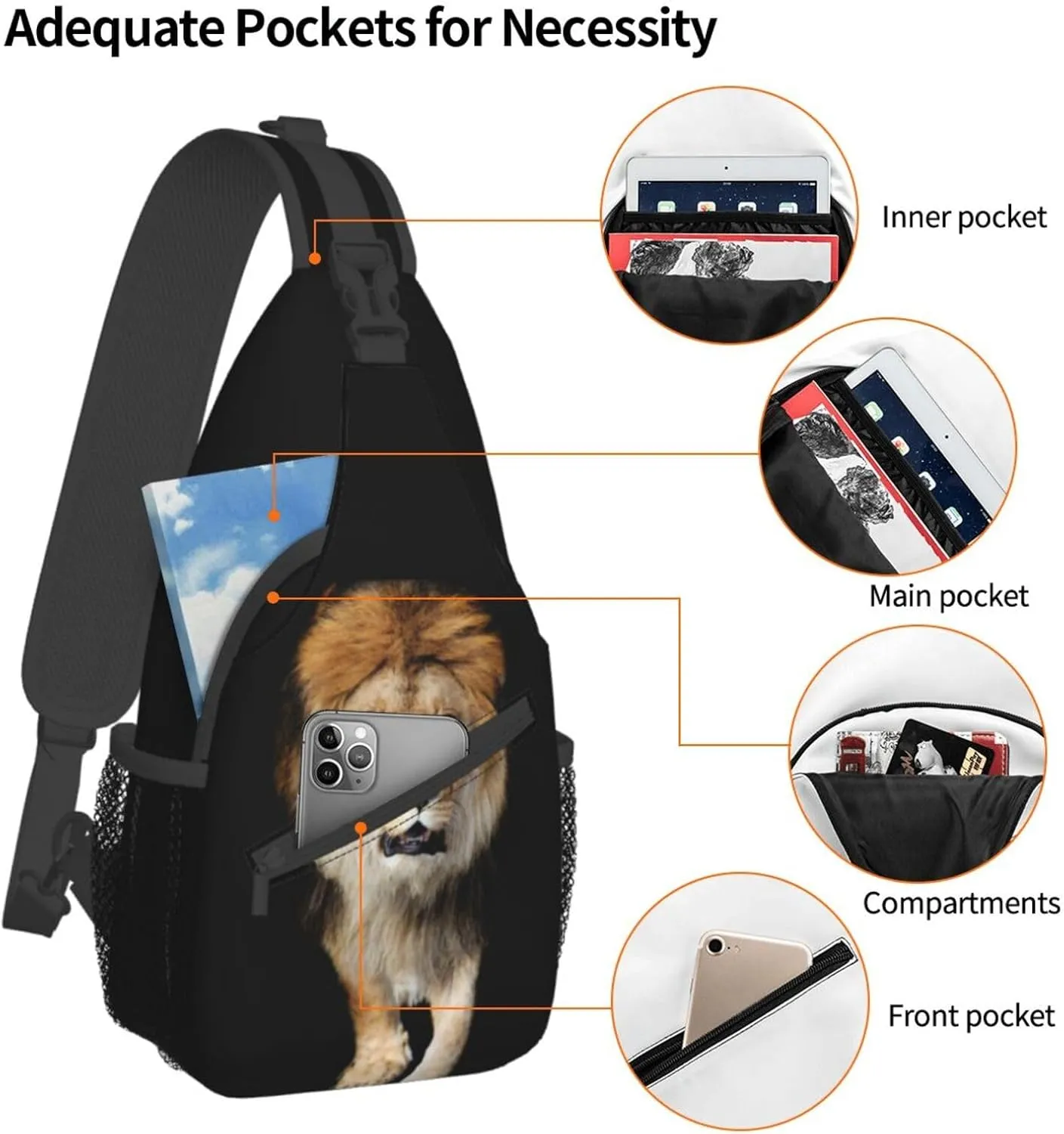 Cool Lion Crossbody Bag Lion Shoulder Bag Backpack Men Sling Bag Cool Animal Chest Casual Daypack Bag