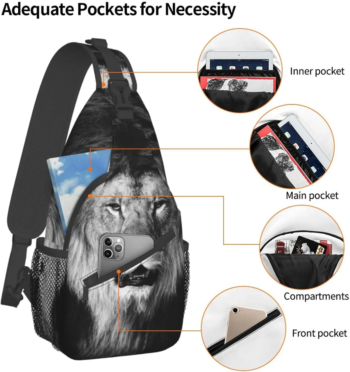 Cool Lion Crossbody Bag Lion Shoulder Bag Backpack Men Sling Bag Cool Animal Chest Casual Daypack Bag