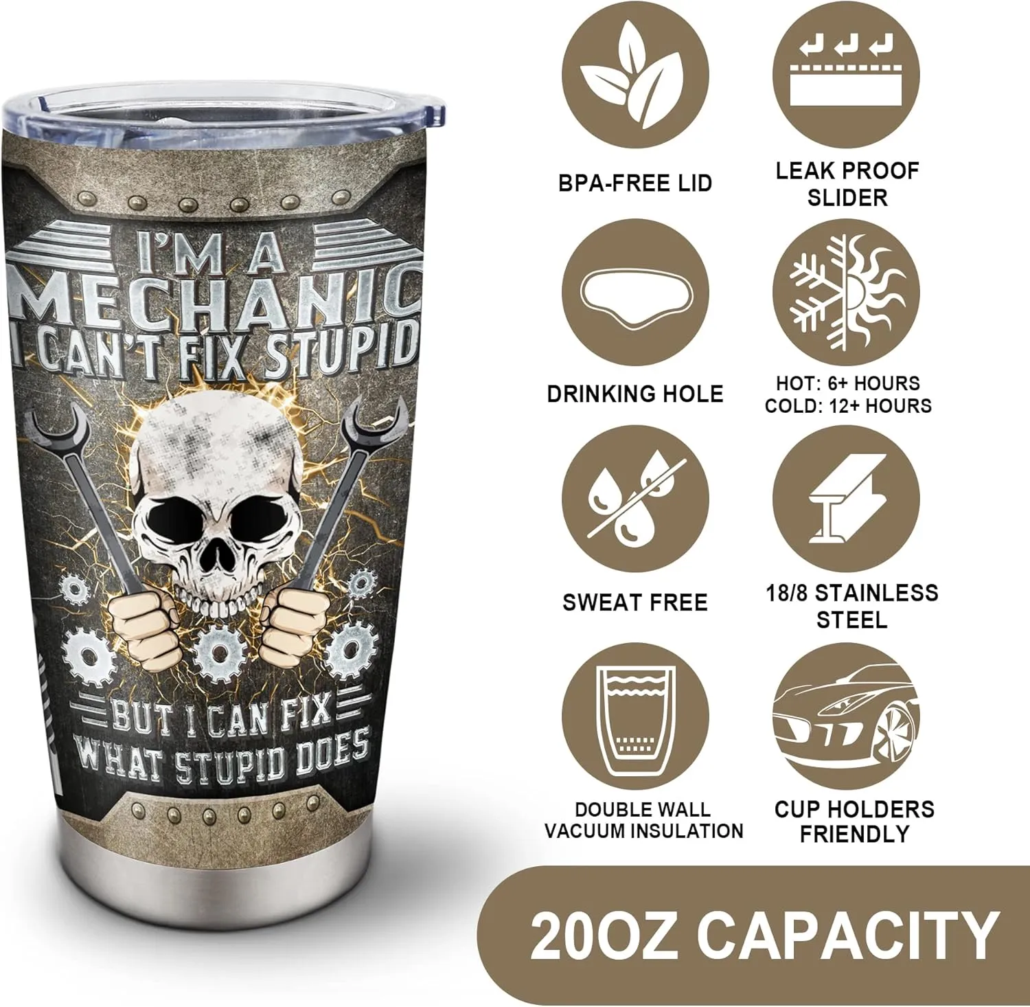Cool Mechanical Gifts - 20oz Tumbler & Water Glasses for Mechanics, Dad, Son, Husband