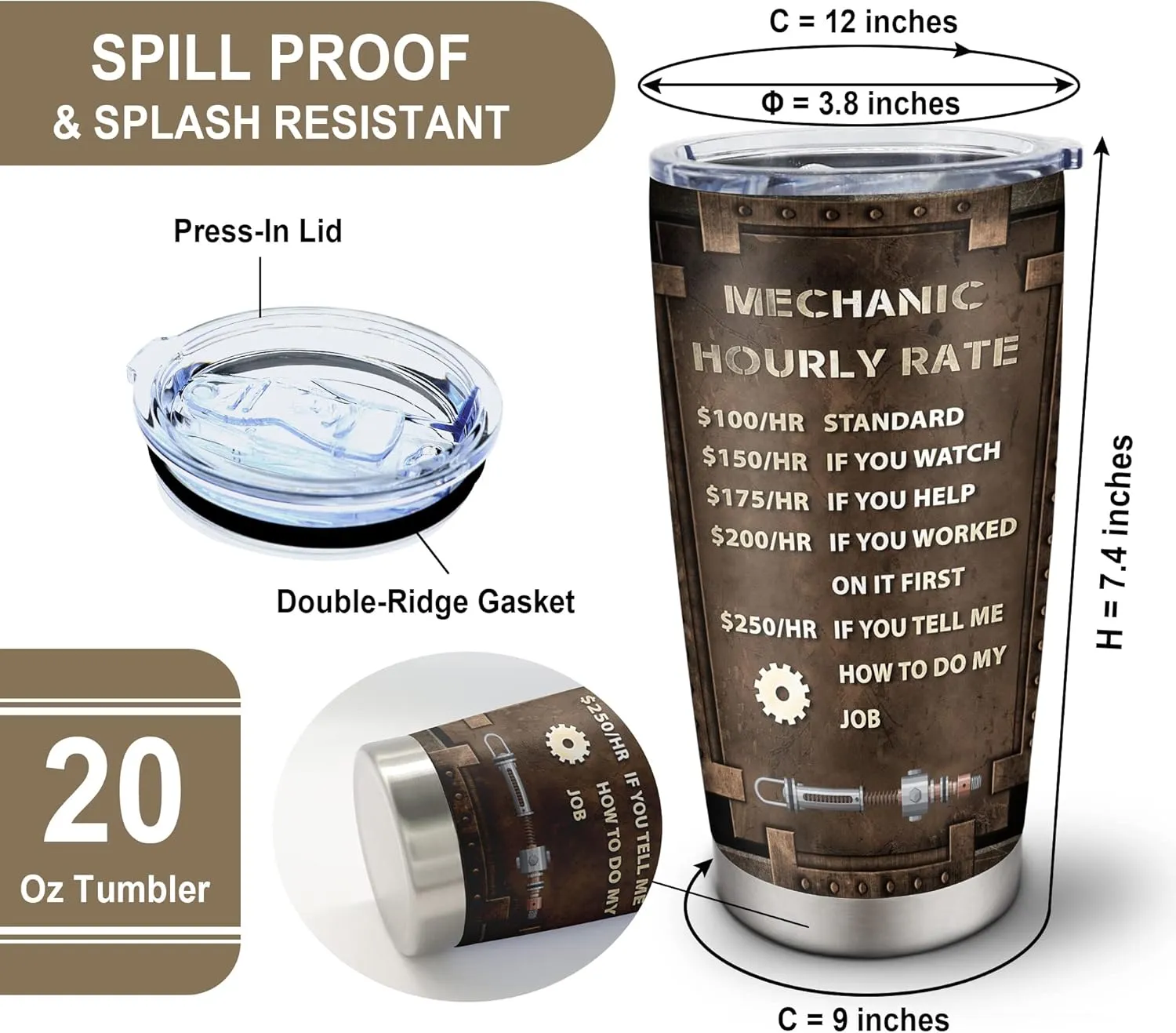 Cool Mechanical Gifts - 20oz Tumbler & Water Glasses for Mechanics, Dad, Son, Husband