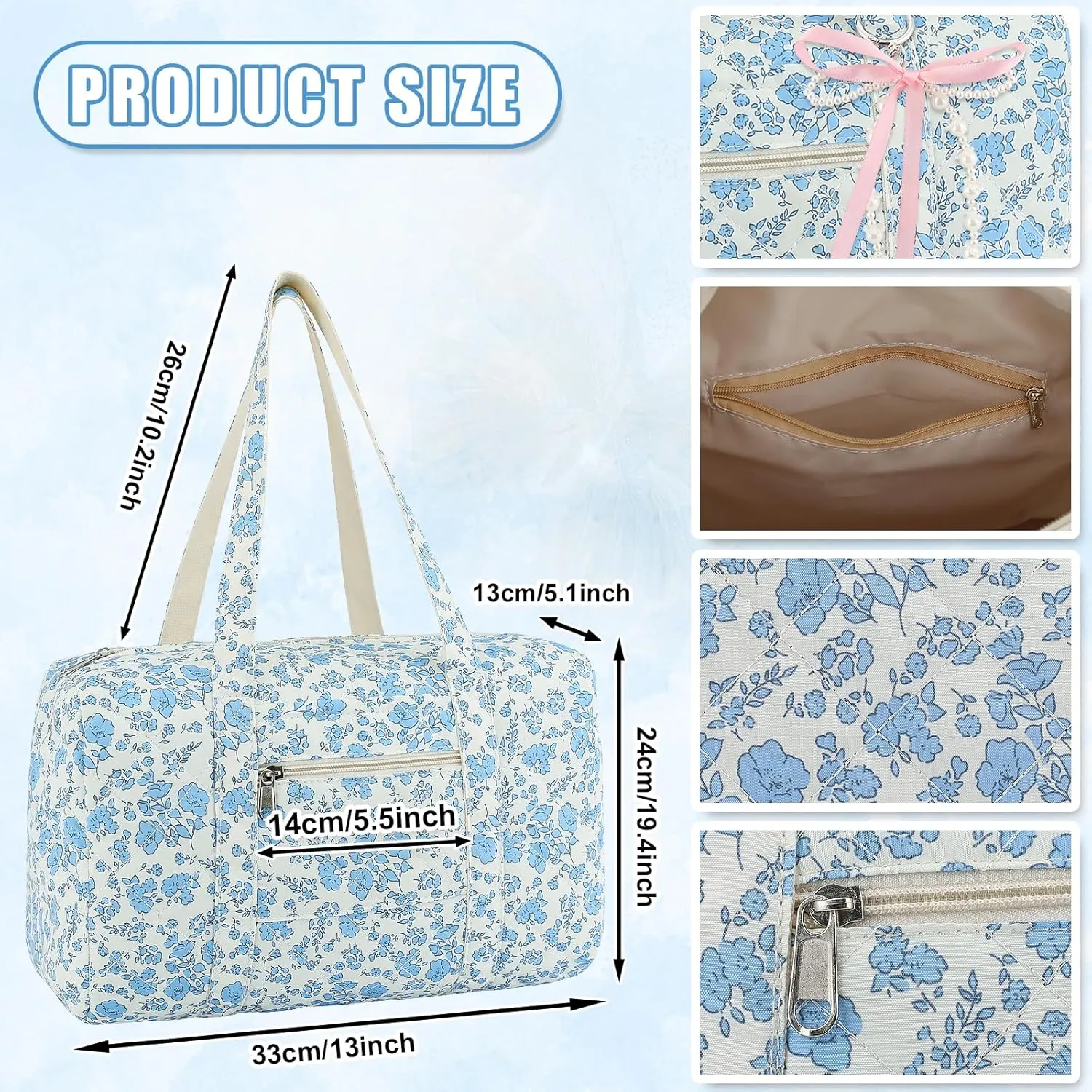 Coquette Bag with Ribbon Pearl Bow - Blue Floral Travel Bag,Quilted Duffle Bag for Women Girls,Coquette Tote Bag,Carry On Gym Bag,Overnight Weekend Bag for Travel Trip Work