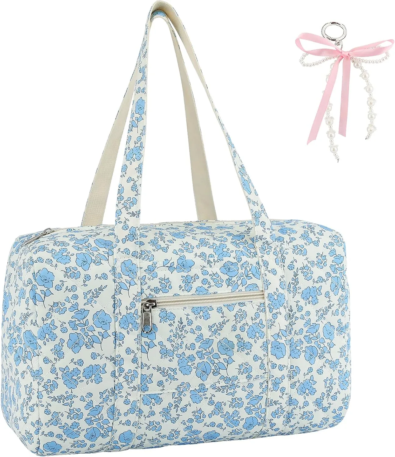 Coquette Bag with Ribbon Pearl Bow - Blue Floral Travel Bag,Quilted Duffle Bag for Women Girls,Coquette Tote Bag,Carry On Gym Bag,Overnight Weekend Bag for Travel Trip Work
