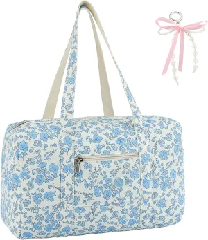 Coquette Bag with Ribbon Pearl Bow - Blue Floral Travel Bag,Quilted Duffle Bag for Women Girls,Coquette Tote Bag,Carry On Gym Bag,Overnight Weekend Bag for Travel Trip Work
