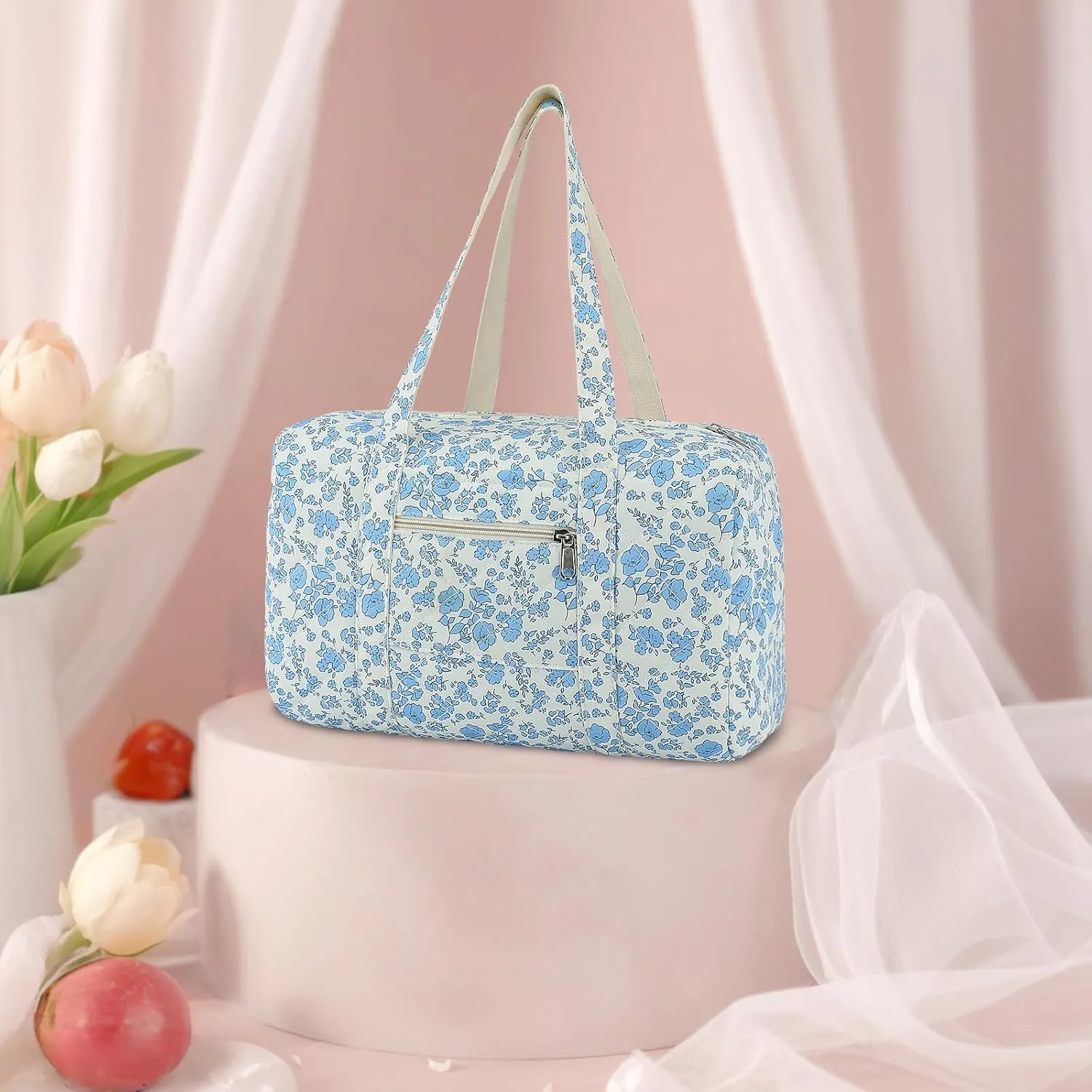 Coquette Bag with Ribbon Pearl Bow - Blue Floral Travel Bag,Quilted Duffle Bag for Women Girls,Coquette Tote Bag,Carry On Gym Bag,Overnight Weekend Bag for Travel Trip Work