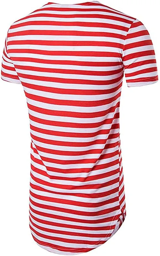 COTTORY Men's Striped Hip Hop Basic Longline Crewneck T-Shirt