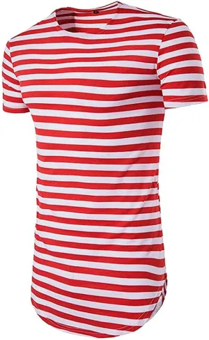 COTTORY Men's Striped Hip Hop Basic Longline Crewneck T-Shirt