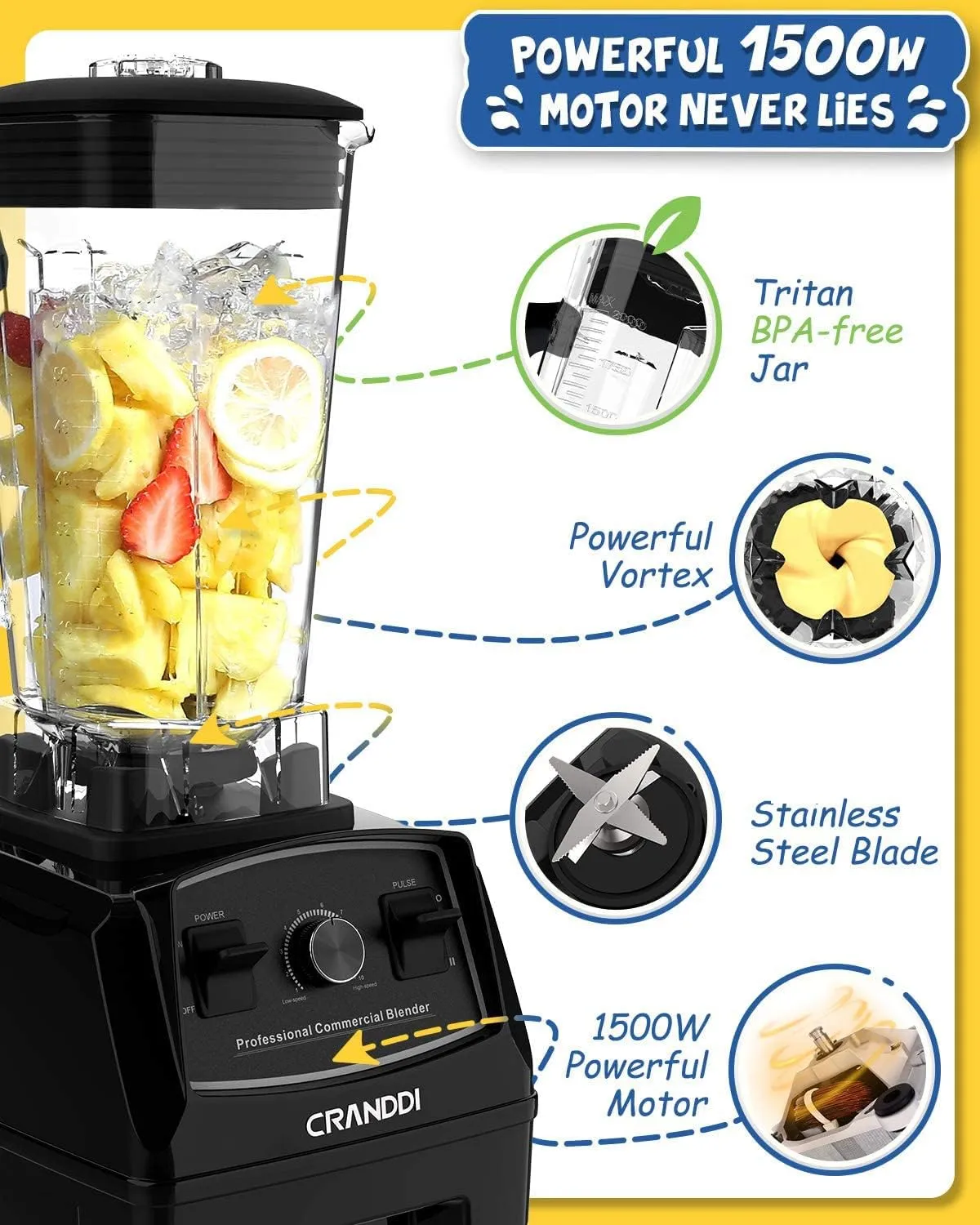 CRANDDI Professional Blender,1500 Watt Commercial Blenders for Kitchen with 70oz Capacity and Self-Cleaning, Classic Blenders for Shakes and Smoothies, Build-in Pulse, YL-010-B