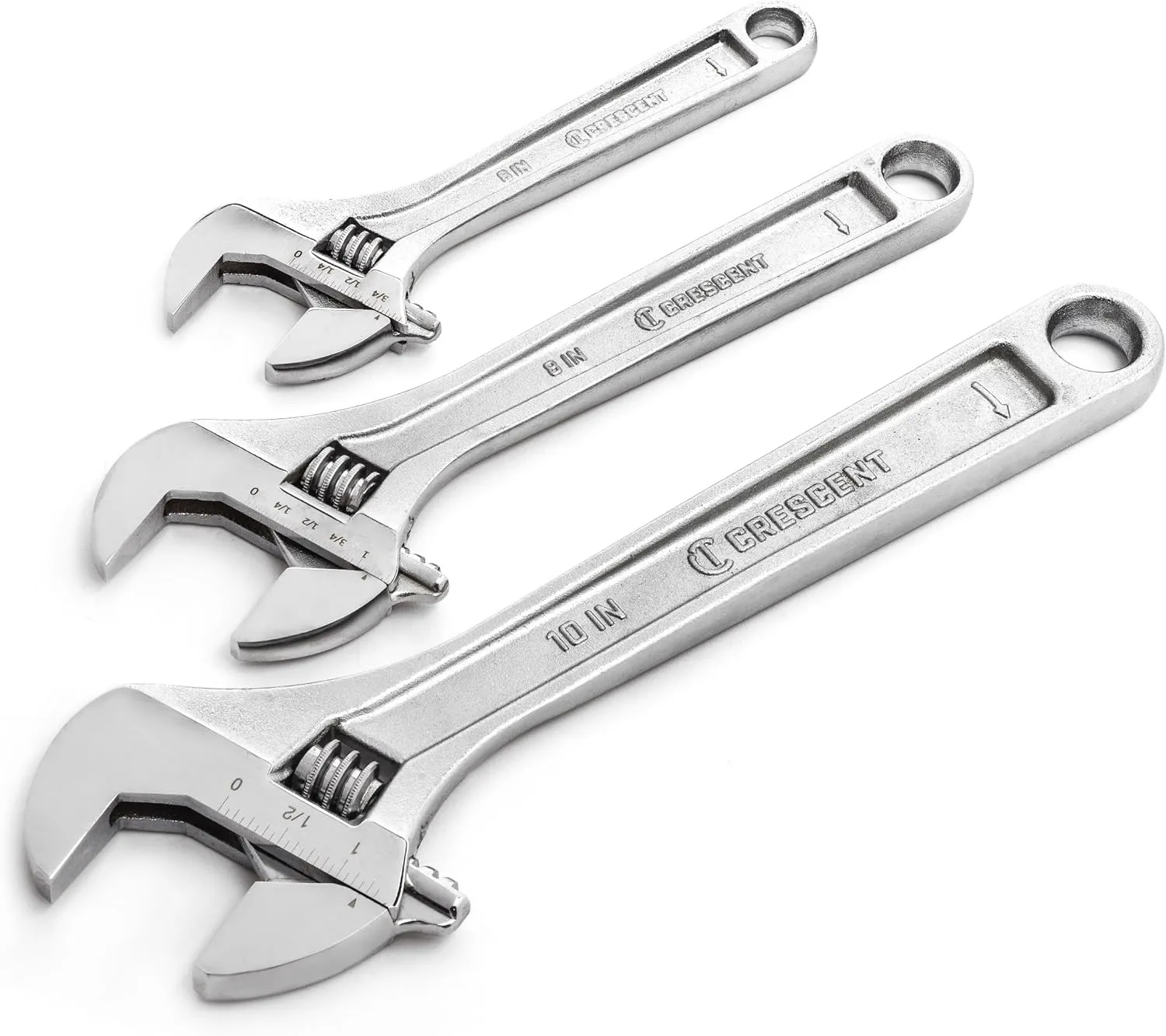 Crescent 3 Pc. Adjustable Wrench Set 6", 8" & 10" - Mechanical & Plumbing Wrenches - With Larger Knurl & Hex Jaw - Chrome Plated to Resist Rust & Corrosion - Reduces Fatigue - Hand Tools - AC3PC