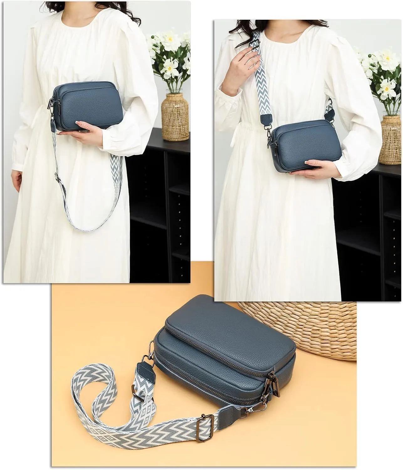 Crossbody Bags for Women, Trendy Leather Crossbody Camera Bag Purse with Guitar Strap Small Shoulder Handbag (Blue)