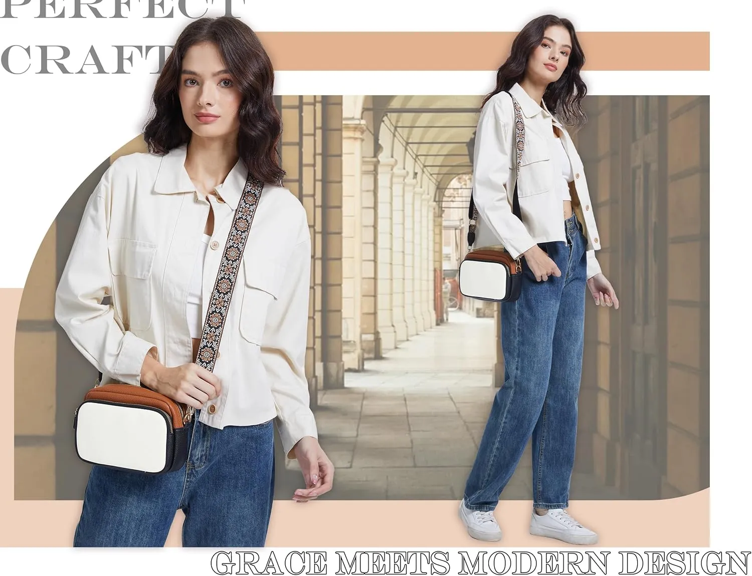 Crossbody Purse for Women with Adjustable Wide Guitar Strap, Small Vegan Leather Cross Body Camera Shoulder Bags