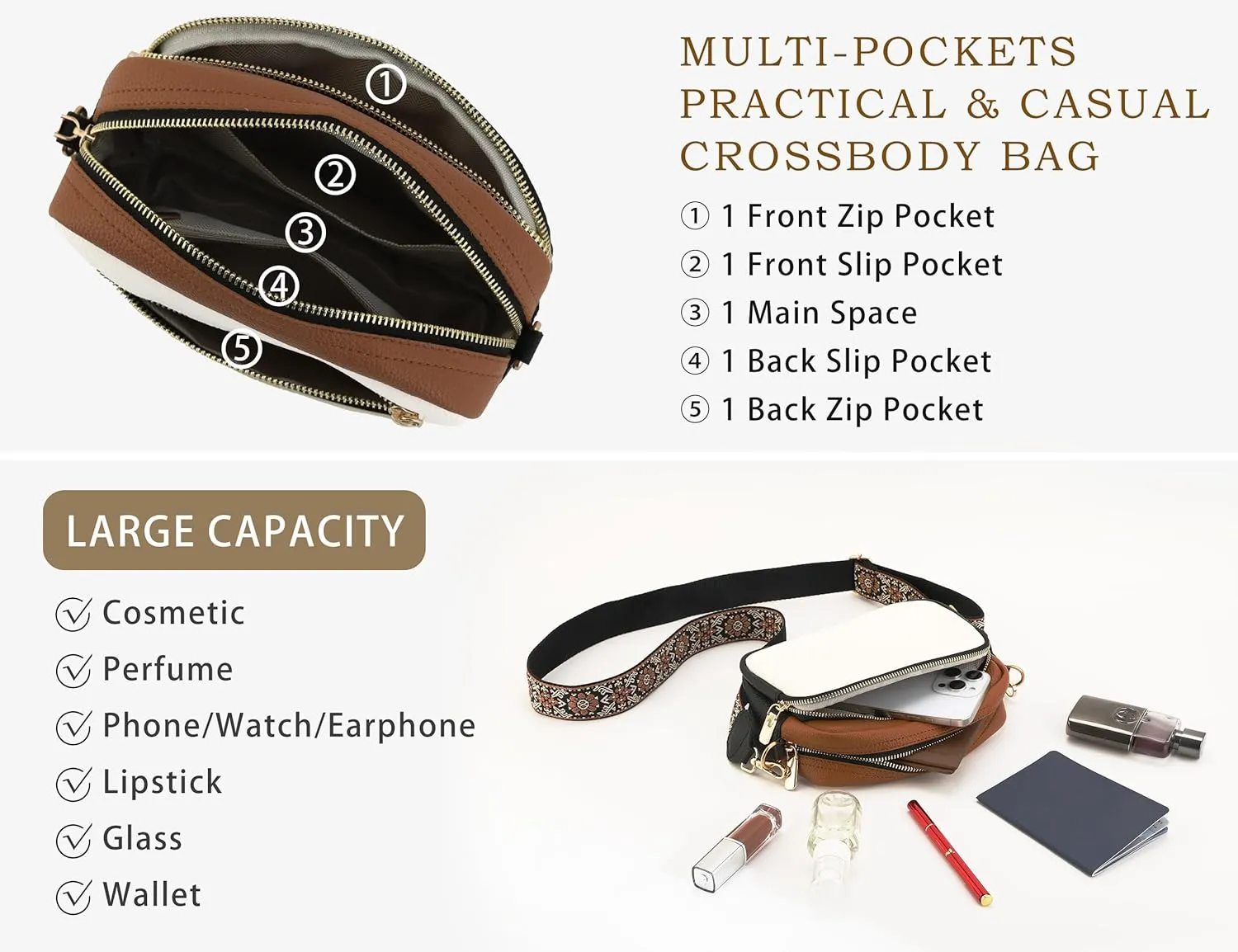 Crossbody Purse for Women with Adjustable Wide Guitar Strap, Small Vegan Leather Cross Body Camera Shoulder Bags