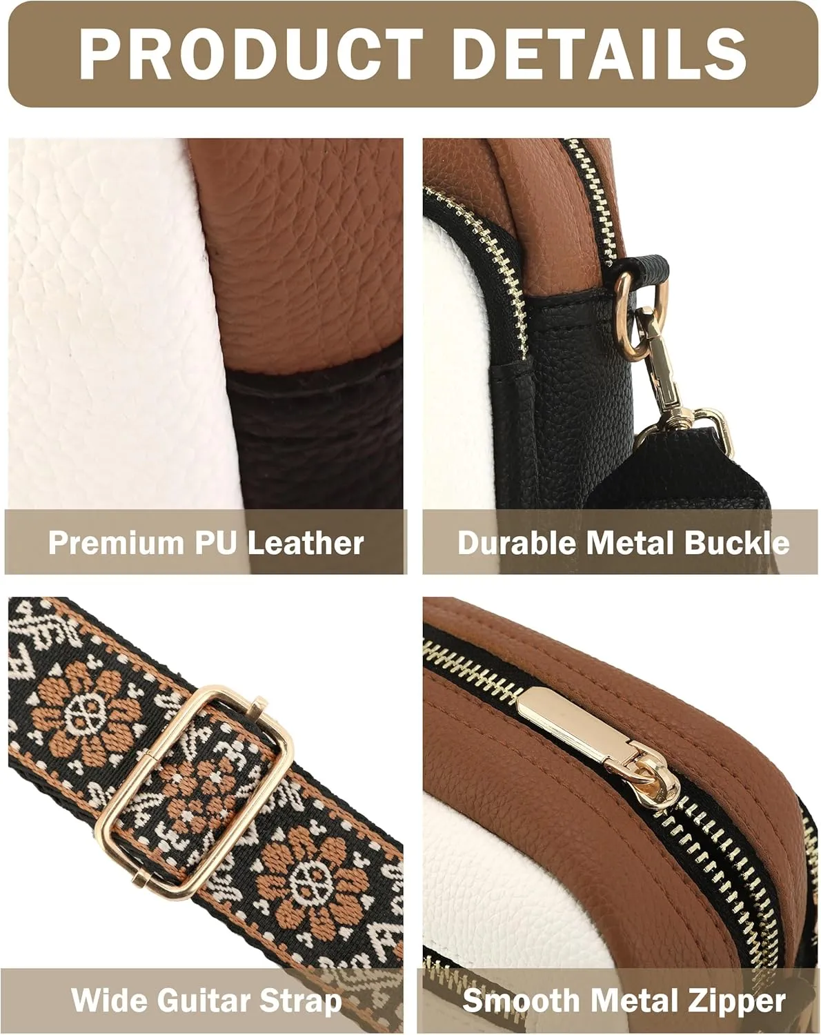 Crossbody Purse for Women with Adjustable Wide Guitar Strap, Small Vegan Leather Cross Body Camera Shoulder Bags