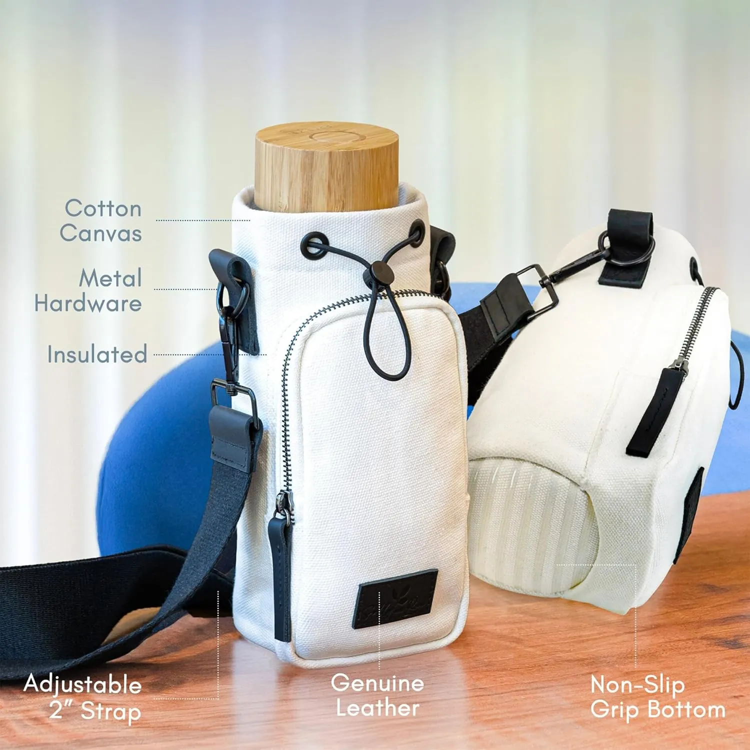 Crossbody Water Bottle Bag With Wide Strap 16 to 32oz | Durable Cotton Canvas | Genuine Leather | Insulated