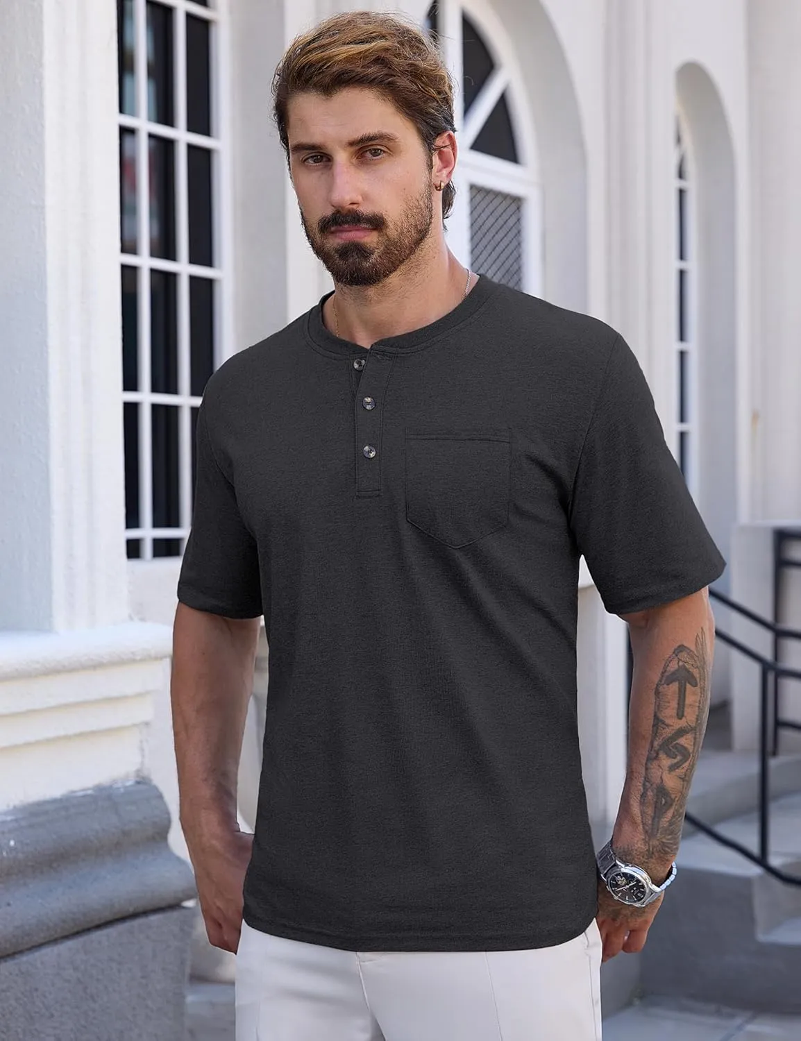 CRYSULLY Men's Henley Shirt Short Sleeve Cotton T-Shirts Pocket 3 Button Tops Lightweight Casual Basic Tee
