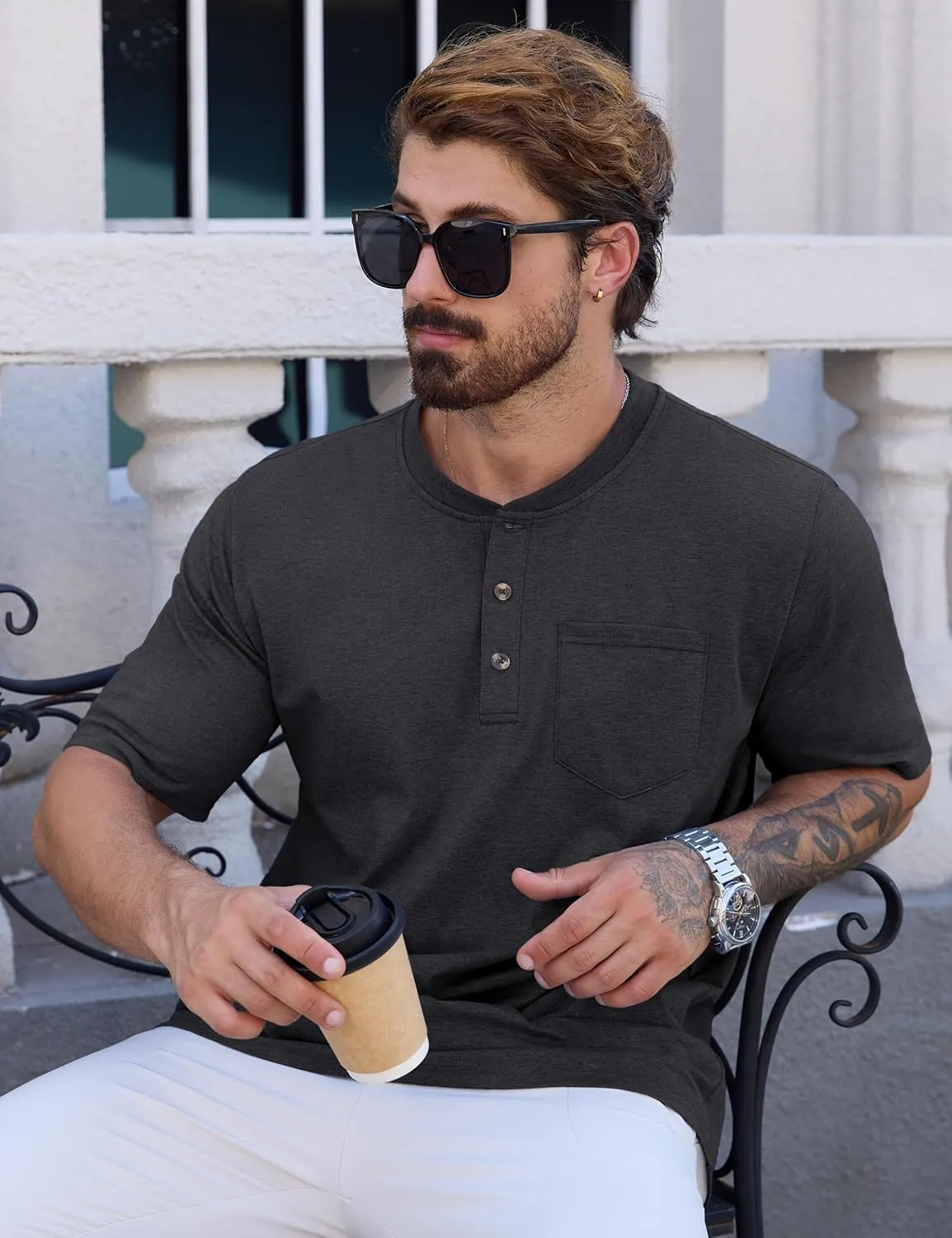 CRYSULLY Men's Henley Shirt Short Sleeve Cotton T-Shirts Pocket 3 Button Tops Lightweight Casual Basic Tee
