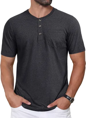 CRYSULLY Men's Henley Shirt Short Sleeve Cotton T-Shirts Pocket 3 Button Tops Lightweight Casual Basic Tee