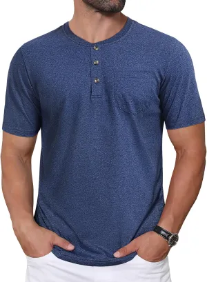CRYSULLY Men's Henley Shirt Short Sleeve Cotton T-Shirts Pocket 3 Button Tops Lightweight Casual Basic Tee