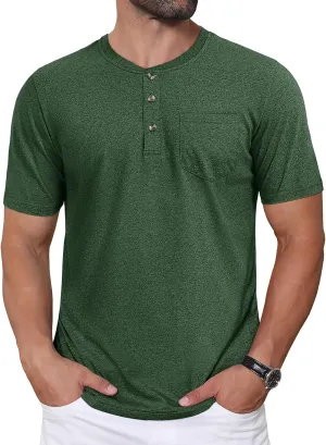 CRYSULLY Men's Henley Shirt Short Sleeve Cotton T-Shirts Pocket 3 Button Tops Lightweight Casual Basic Tee