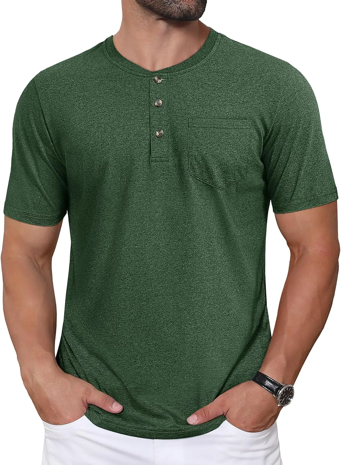 CRYSULLY Men's Henley Shirt Short Sleeve Cotton T-Shirts Pocket 3 Button Tops Lightweight Casual Basic Tee