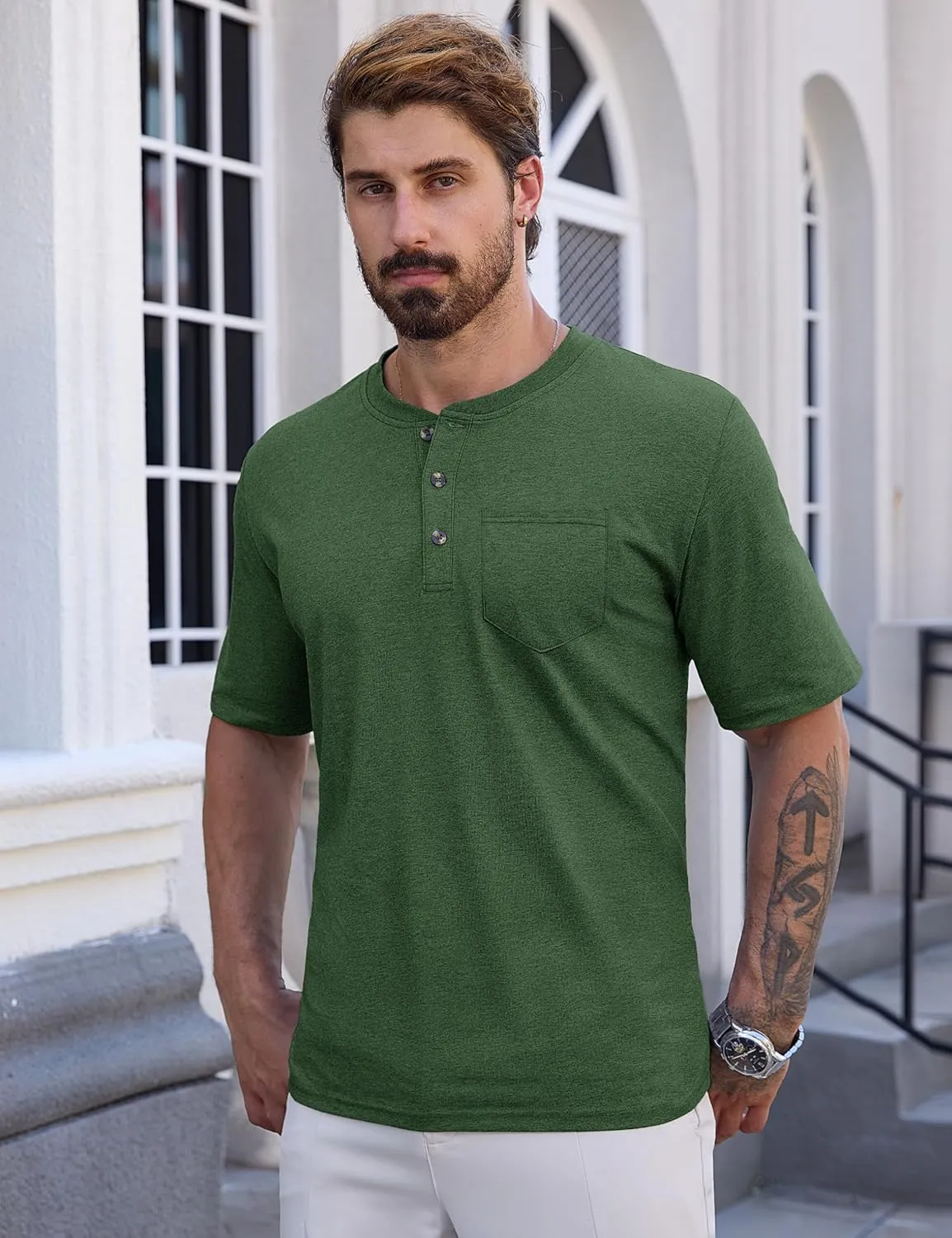 CRYSULLY Men's Henley Shirt Short Sleeve Cotton T-Shirts Pocket 3 Button Tops Lightweight Casual Basic Tee