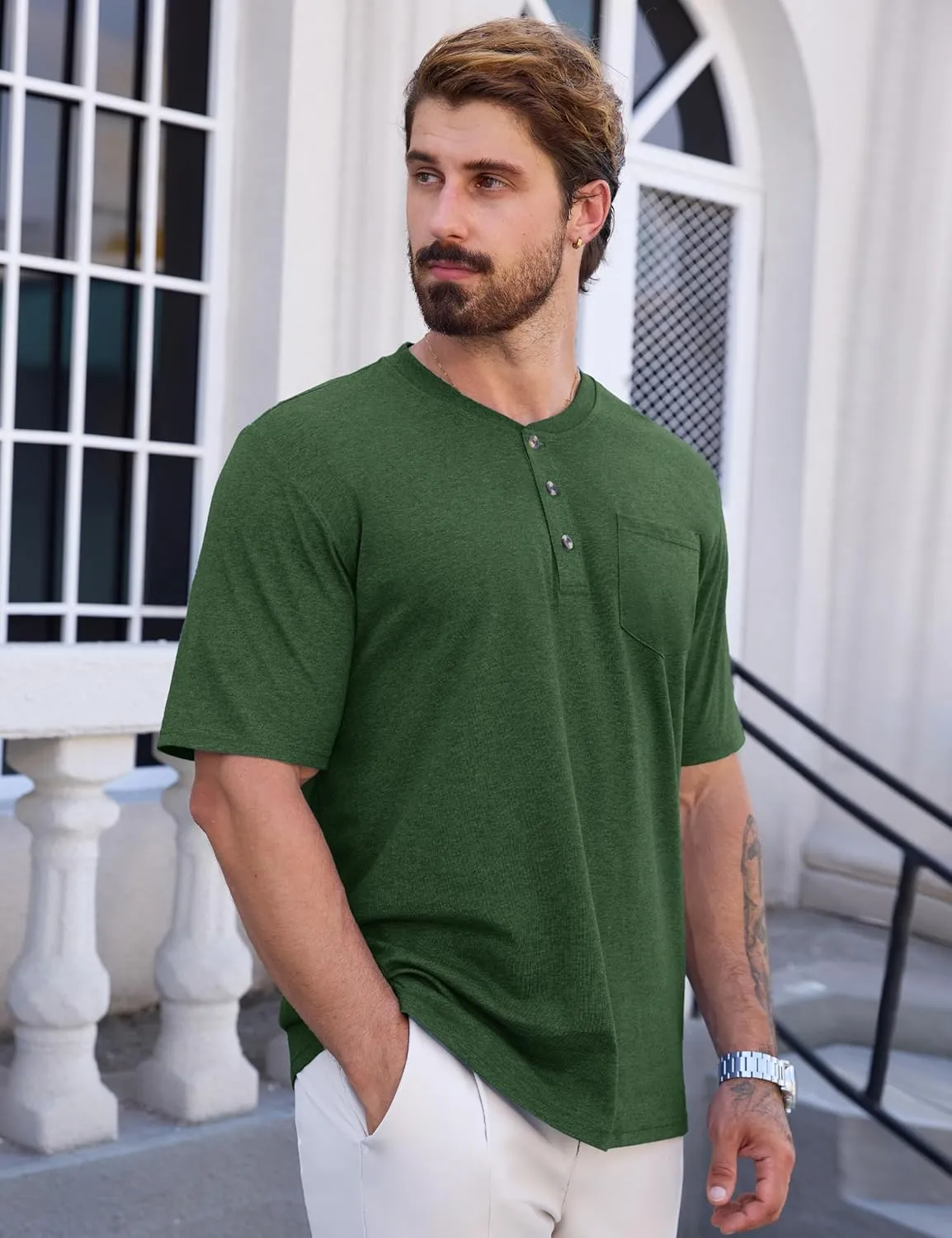 CRYSULLY Men's Henley Shirt Short Sleeve Cotton T-Shirts Pocket 3 Button Tops Lightweight Casual Basic Tee