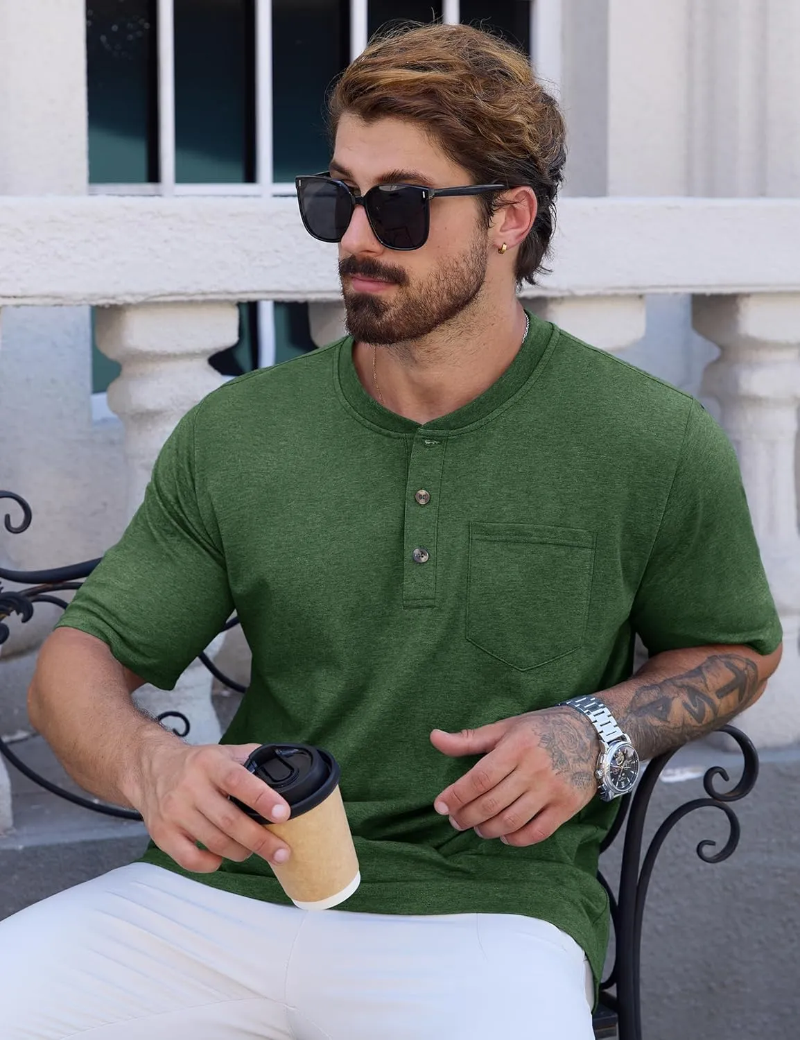 CRYSULLY Men's Henley Shirt Short Sleeve Cotton T-Shirts Pocket 3 Button Tops Lightweight Casual Basic Tee