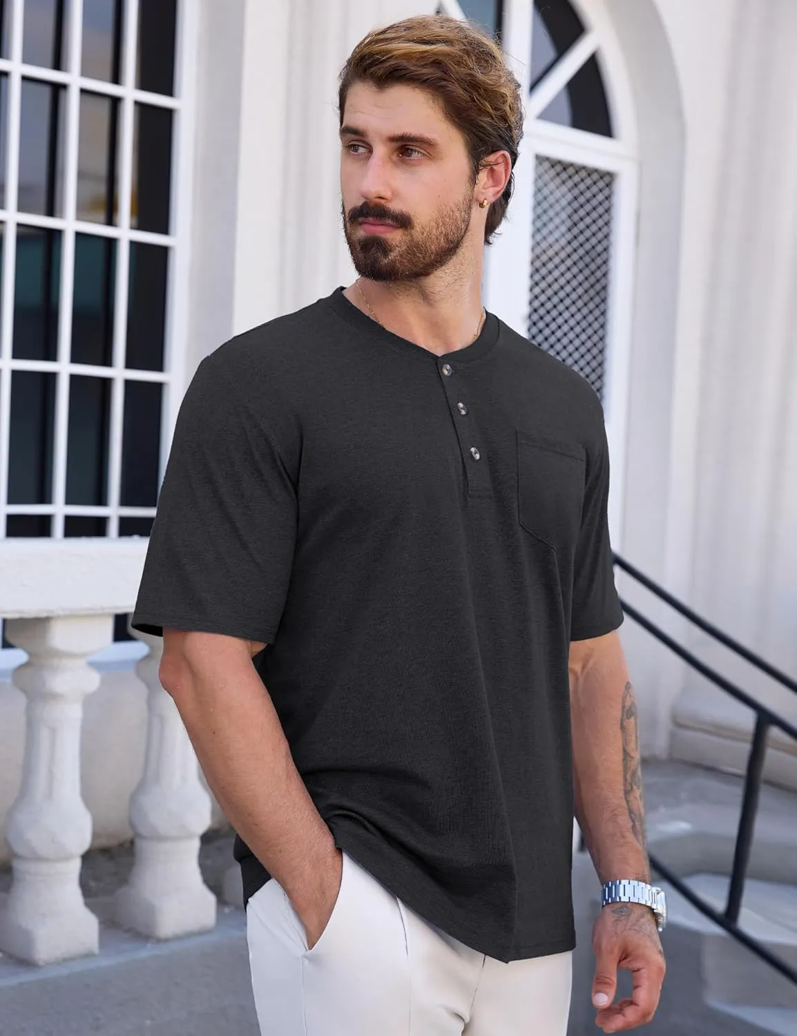 CRYSULLY Men's Henley Shirt Short Sleeve Cotton T-Shirts Pocket 3 Button Tops Lightweight Casual Basic Tee