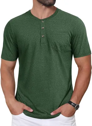 CRYSULLY Men's Henley Shirt Short Sleeve Cotton T-Shirts Pocket 3 Button Tops Lightweight Casual Basic Tee