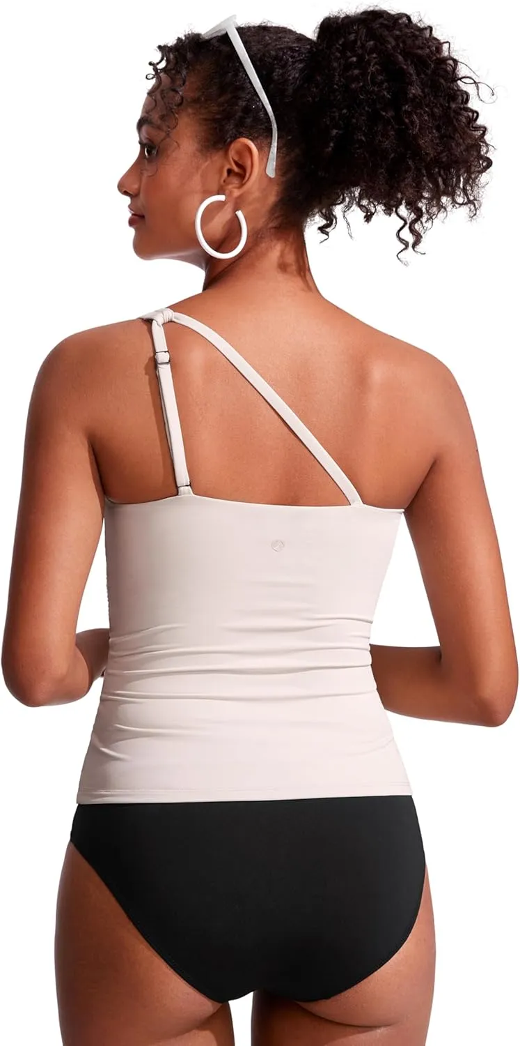 CRZ YOGA One Shoulder Tankini Tops for Women Ruched Bathing Suits Tummy Control Adjustable Swimsuit Only No Bottom Padded