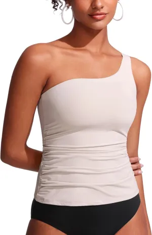 CRZ YOGA One Shoulder Tankini Tops for Women Ruched Bathing Suits Tummy Control Adjustable Swimsuit Only No Bottom Padded