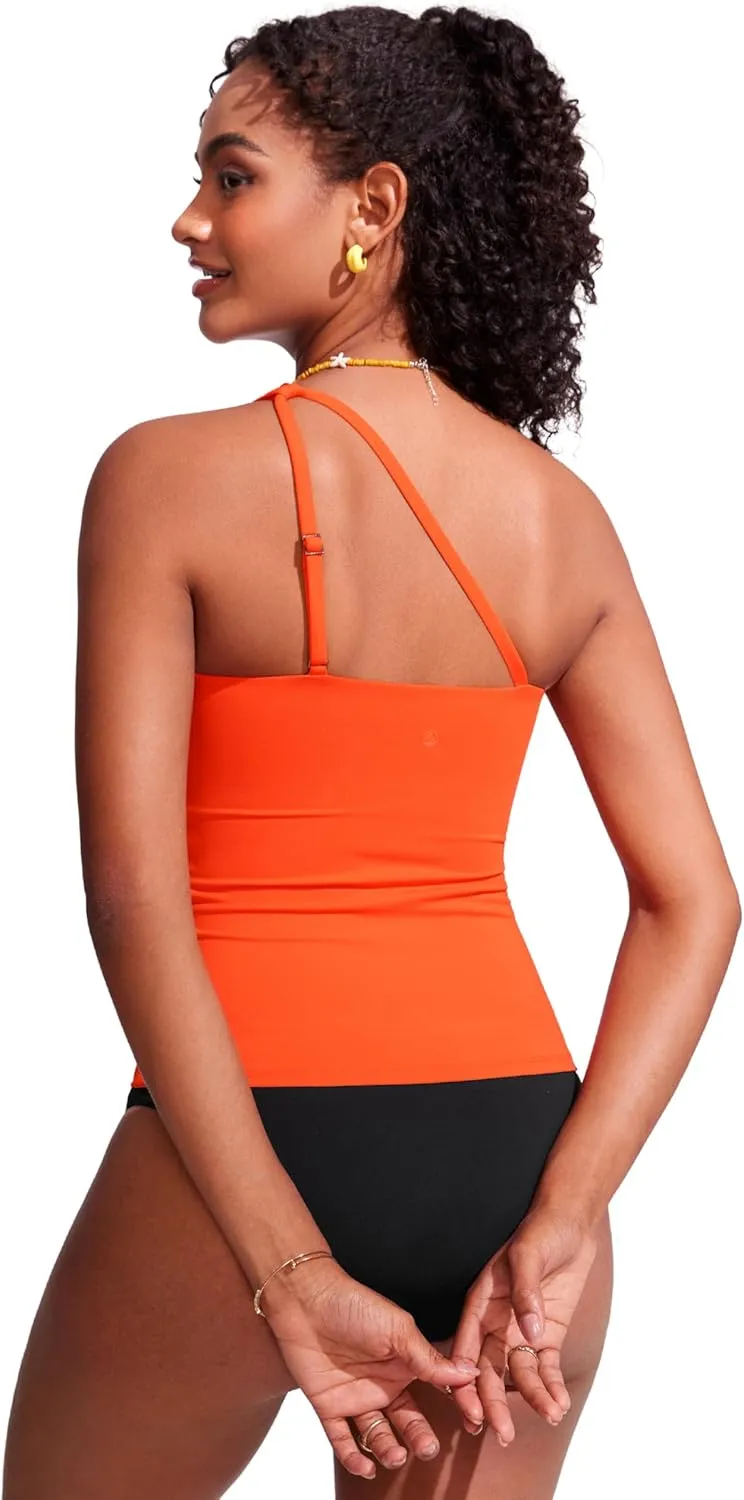 CRZ YOGA One Shoulder Tankini Tops for Women Ruched Bathing Suits Tummy Control Adjustable Swimsuit Only No Bottom Padded