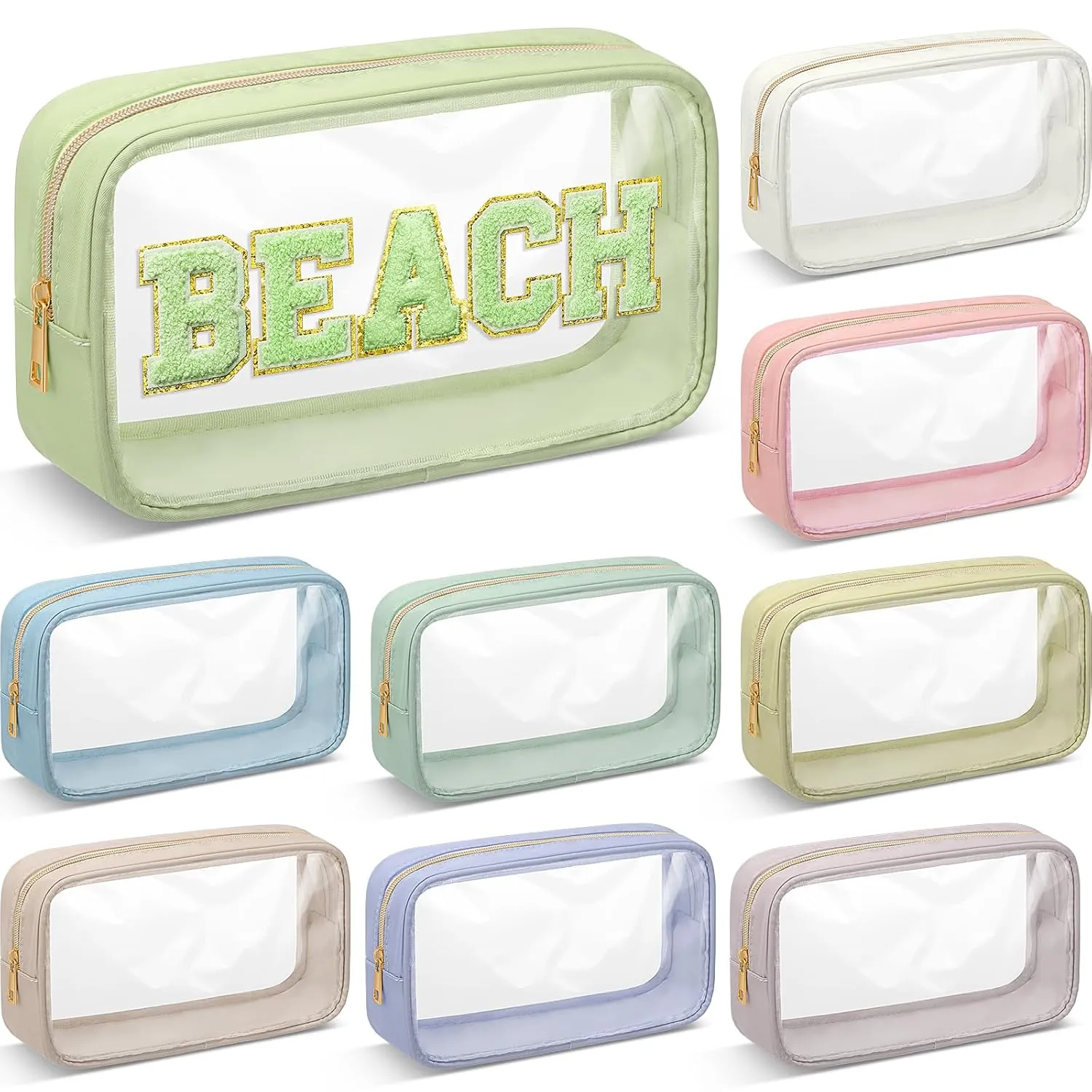 Cunno 9 Pcs Preppy Clear Makeup Bag DIY Chenille Letter Pouch Large Nylon Makeup Bag Travel Toiletry Zipper Cosmetic Organizer Pouch PVC Bags for Women, 9.5 x 5.1 x 2.8 Inch (Morandi Color)