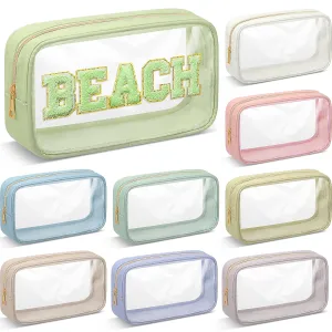 Cunno 9 Pcs Preppy Clear Makeup Bag DIY Chenille Letter Pouch Large Nylon Makeup Bag Travel Toiletry Zipper Cosmetic Organizer Pouch PVC Bags for Women, 9.5 x 5.1 x 2.8 Inch (Morandi Color)