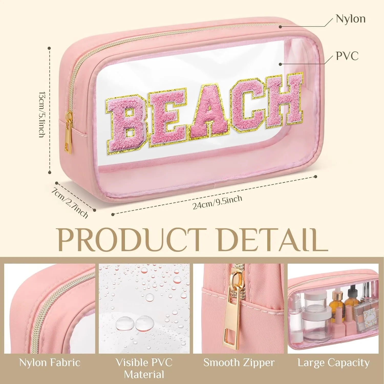 Cunno 9 Pcs Preppy Clear Makeup Bag DIY Chenille Letter Pouch Large Nylon Makeup Bag Travel Toiletry Zipper Cosmetic Organizer Pouch PVC Bags for Women, 9.5 x 5.1 x 2.8 Inch (Morandi Color)