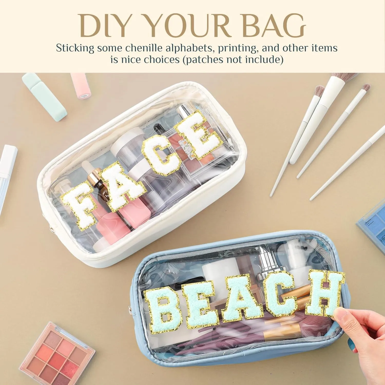 Cunno 9 Pcs Preppy Clear Makeup Bag DIY Chenille Letter Pouch Large Nylon Makeup Bag Travel Toiletry Zipper Cosmetic Organizer Pouch PVC Bags for Women, 9.5 x 5.1 x 2.8 Inch (Morandi Color)