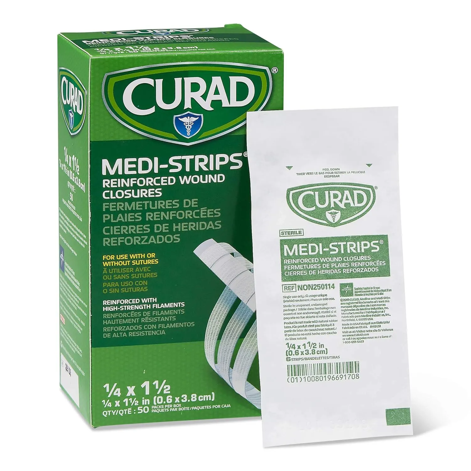 CURAD Sterile Medi-Strips Reinforced Wound Closures, 1/4" x 1 1/2", Hypoallergenic, Pack of 1200 Strips, 200 Pouches