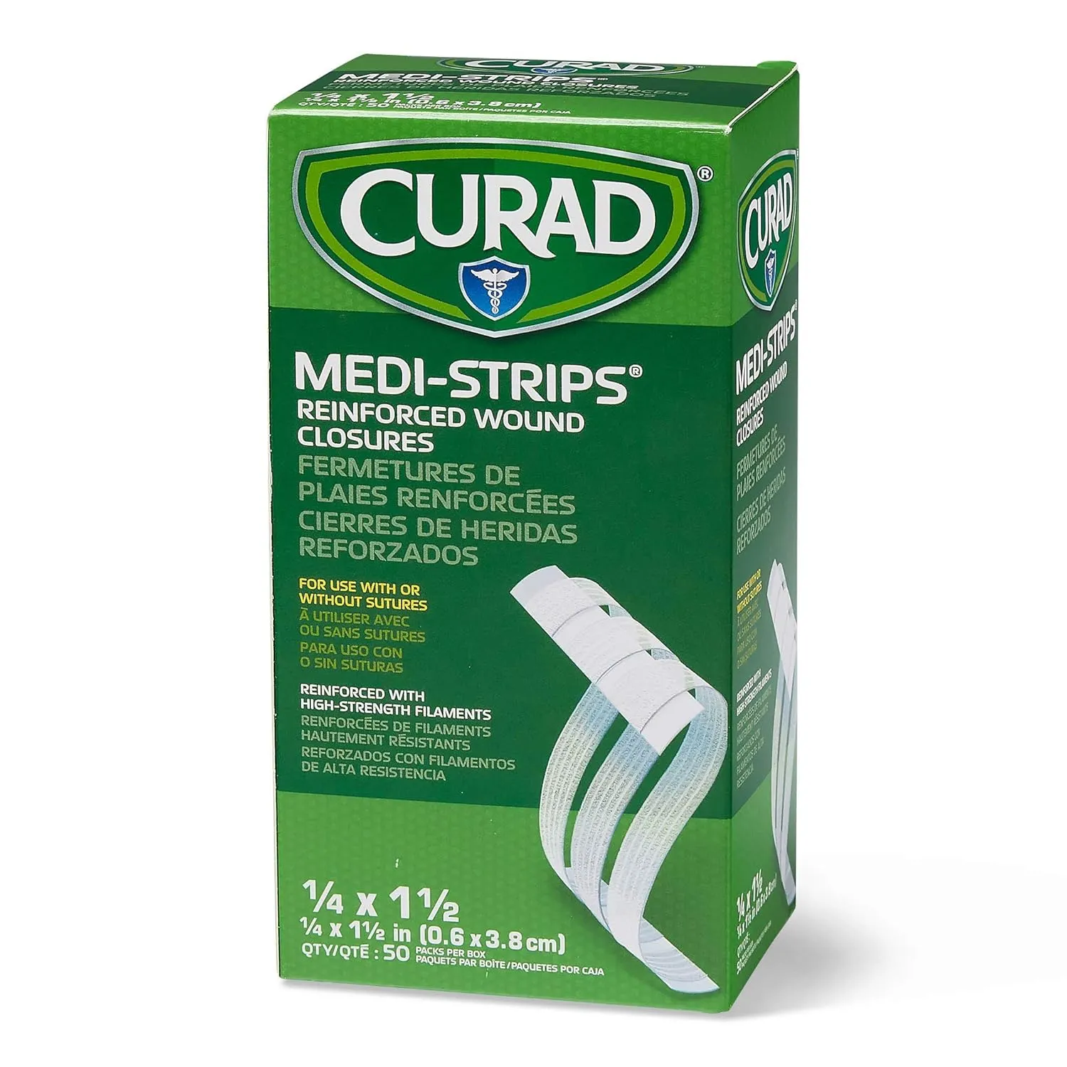 CURAD Sterile Medi-Strips Reinforced Wound Closures, 1/4" x 1 1/2", Hypoallergenic, Pack of 1200 Strips, 200 Pouches