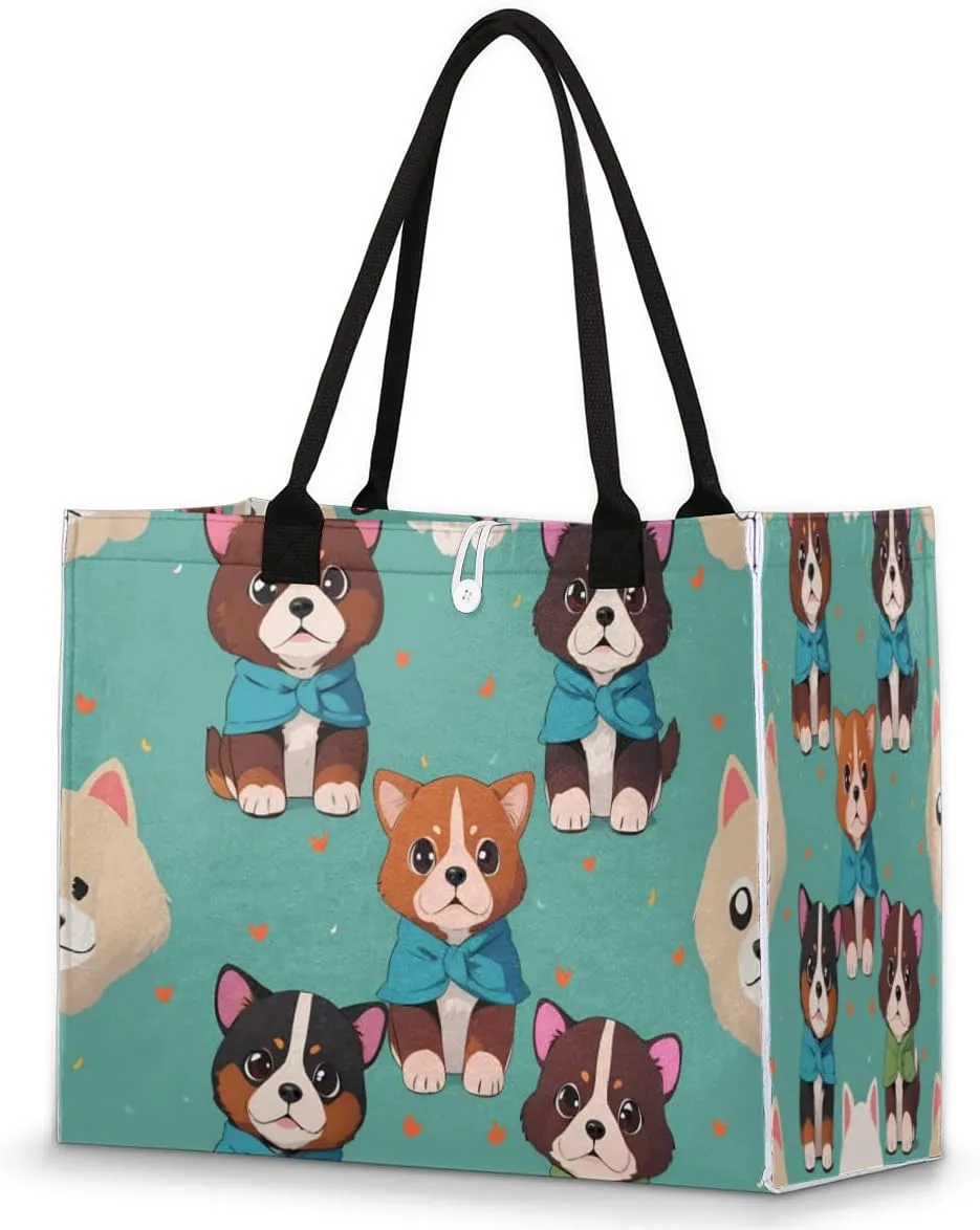 Curious Dogs Beach Tote Bag for Women Large Compartment Reusable Grocery Shopping Bags Casual Shoulder Portable Tote Handbag for Travel Work Gym Daily
