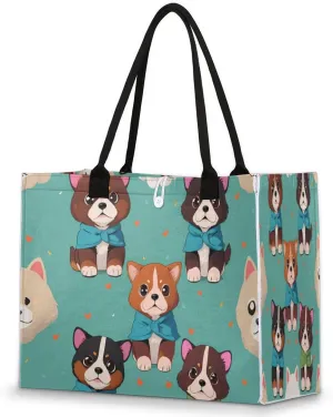 Curious Dogs Beach Tote Bag for Women Large Compartment Reusable Grocery Shopping Bags Casual Shoulder Portable Tote Handbag for Travel Work Gym Daily