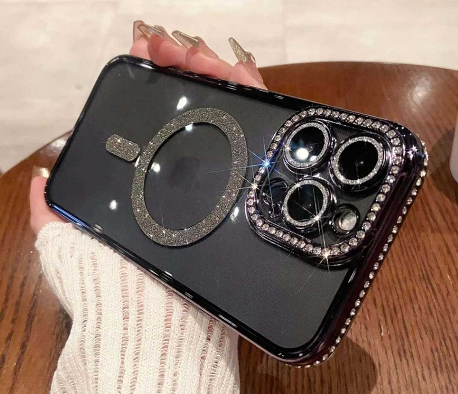 Cute for iPhone 15 Pro Max Magnetic Glitter Case,Luxury Bling Rhinestone Diamond Plated Bumper Case,Compatible with MagSafe, Sparkle Camera Lens Protection Clear Cover for Women Girls(Black)