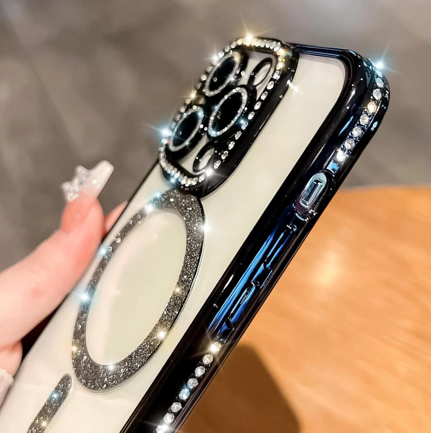 Cute for iPhone 15 Pro Max Magnetic Glitter Case,Luxury Bling Rhinestone Diamond Plated Bumper Case,Compatible with MagSafe, Sparkle Camera Lens Protection Clear Cover for Women Girls(Black)