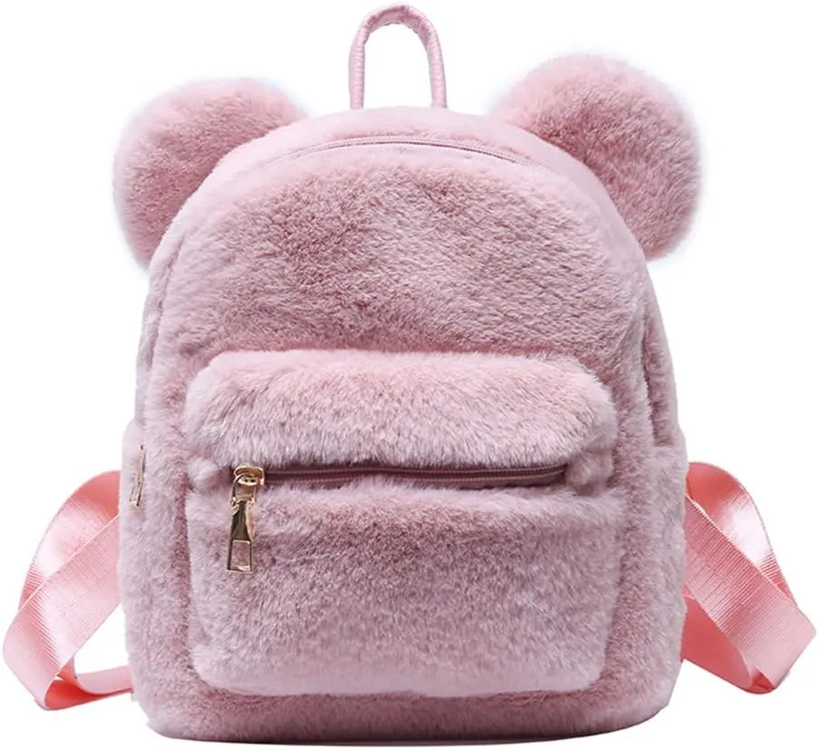 Cute Fuzzy Bear Ears Backpack Kawaii Soft Fluffy Casual Daypack Mini Shoulder Bag Purse for Girls (Pink)