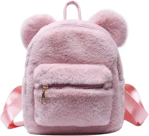 Cute Fuzzy Bear Ears Backpack Kawaii Soft Fluffy Casual Daypack Mini Shoulder Bag Purse for Girls (Pink)