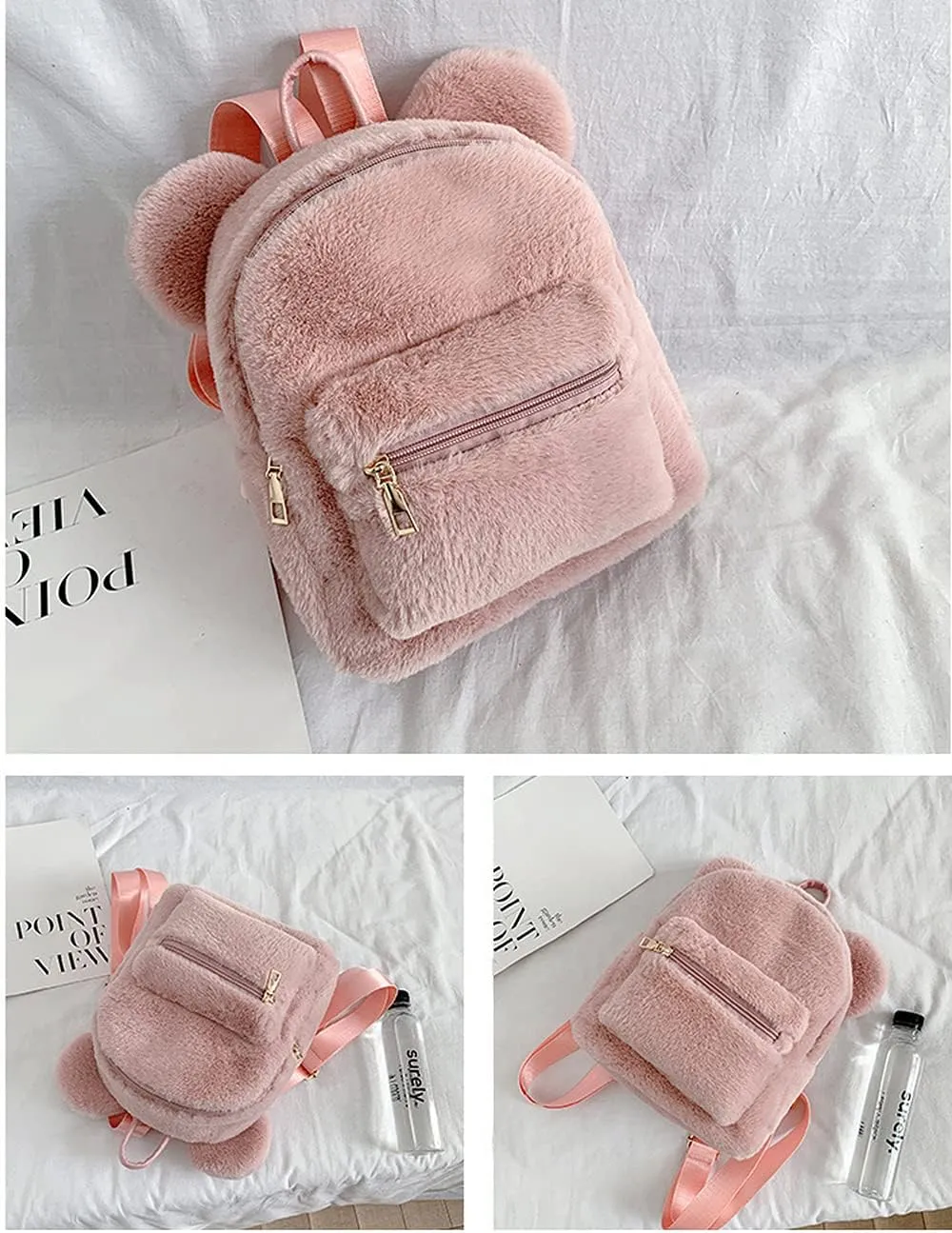 Cute Fuzzy Bear Ears Backpack Kawaii Soft Fluffy Casual Daypack Mini Shoulder Bag Purse for Girls (Pink)