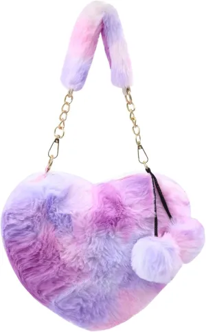 Cute Heart Faux Fur Crossbody Bag for Women Girls Fluffy Tie Dye Plush Shoulder Handbag Clutch Purse with Pompom
