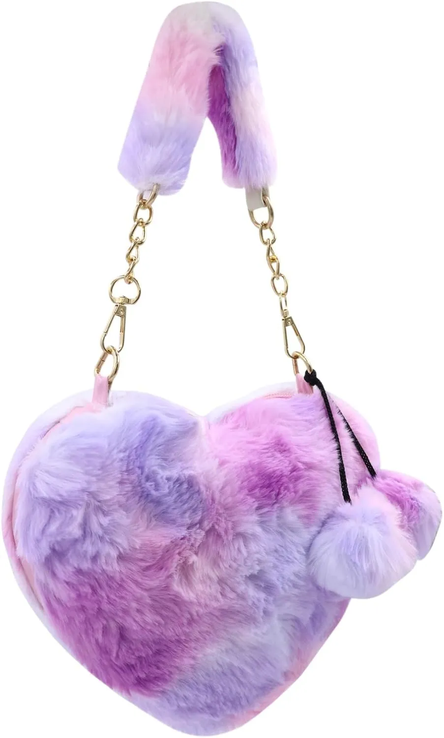 Cute Heart Faux Fur Crossbody Bag for Women Girls Fluffy Tie Dye Plush Shoulder Handbag Clutch Purse with Pompom