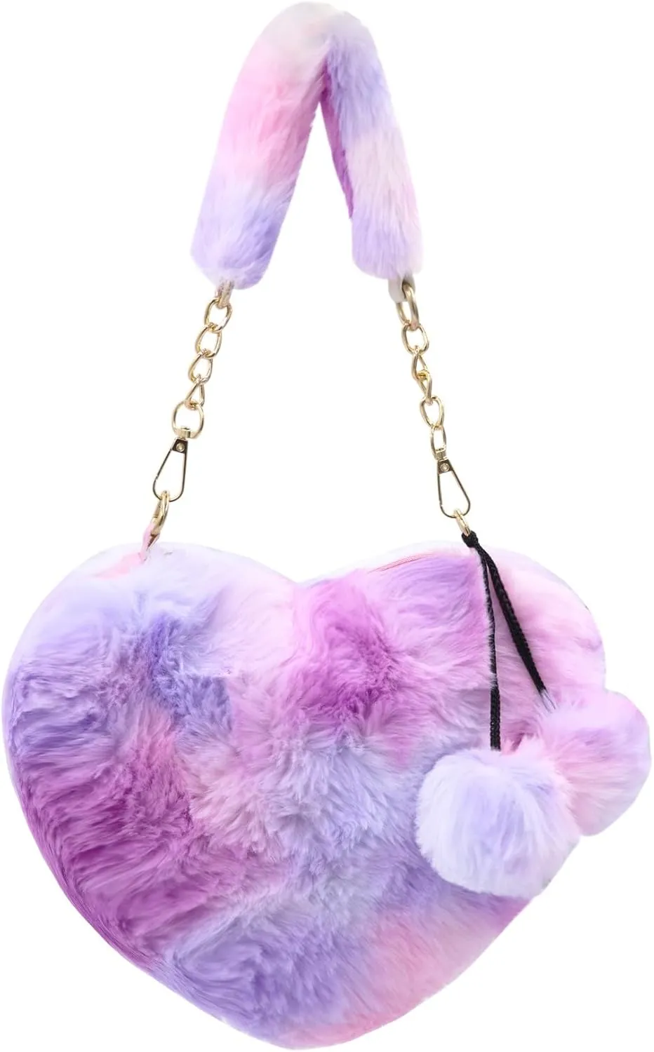 Cute Heart Faux Fur Crossbody Bag for Women Girls Fluffy Tie Dye Plush Shoulder Handbag Clutch Purse with Pompom