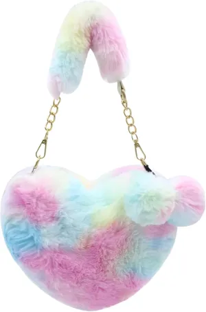 Cute Heart Faux Fur Crossbody Bag for Women Girls Fluffy Tie Dye Plush Shoulder Handbag Clutch Purse with Pompom